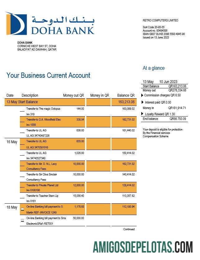 Realista Doha Bank Organization Checking modelo de extrato de conta Word e PDF